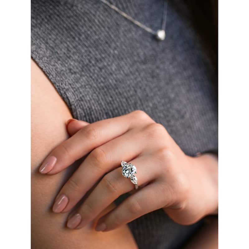 Annello by Kobelli 3.86ct TGW Three Stone Trellis X-Prong Oval and Pear Moissanite Engagement Ring in 14k Gold (GH/VS)