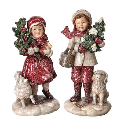 9.5" Resin Winter Boy/ Girl With Dog Set of 2