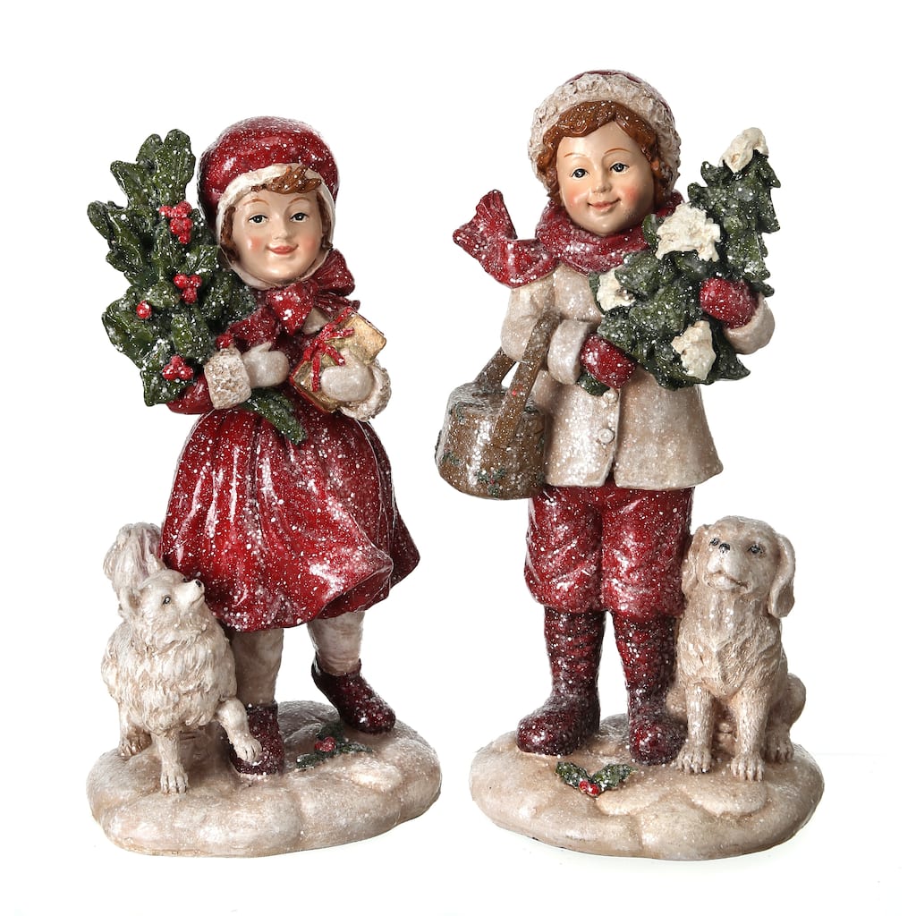 9.5" Resin Winter Boy/ Girl With Dog Set of 2