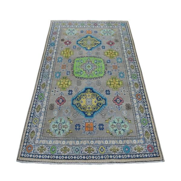 Shahbanu Rugs Colorful Gray Fusion Kazak Pure Wool Geometric Design Hand Knotted Oriental Rug 5 0 X 6 6 5 0 X 6 6 Overstock 30137919