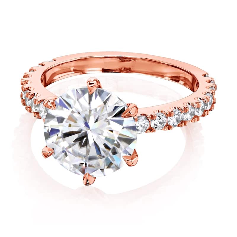 Annello by Kobelli 3.10 Carat Round Moissanite and 1/2ct Lab Grown Diamond 6-Prong Engagement Ring in 14k Gold (DEF/VS)