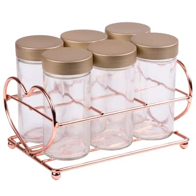 Creative Home Set of 6 Glass Spice Bottle Jar with Copper Finished Rack Organizer