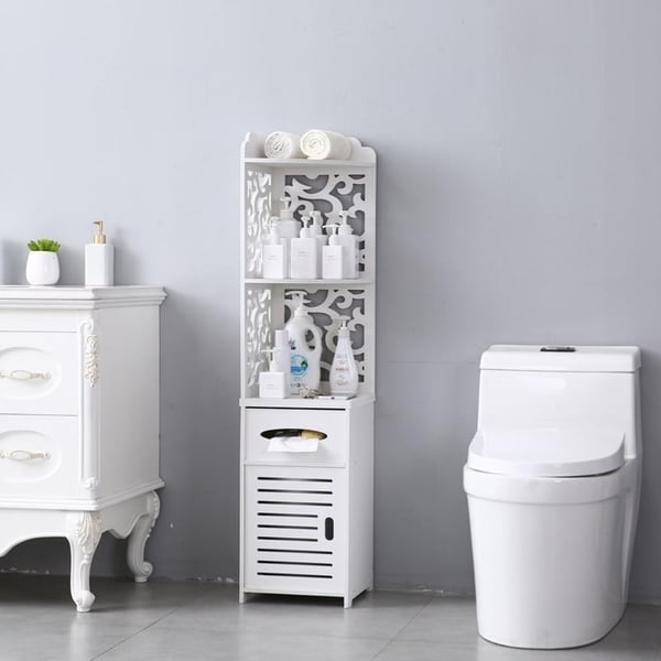 Bathroom Storage Corner Floor Cabinet Toilet Paper Storage Containers Collection Tall Waterproof Cabinet Free Standing Cabinet With Doors Shelves Small Narrow Bath Organizer For Paper Holder White Home Kitchen Toilet Paper