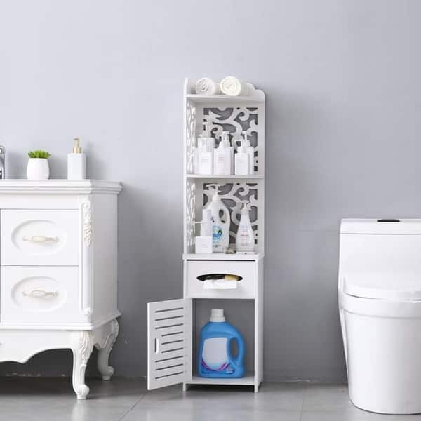 Greensen Bathroom Storage Floor Cabinet White Narrow Storage Tower Free Standing Toilet Paper Storage Corner Organizer Cabinet With Door Toilet Paper Storage Containers Zuiverlucht Home Kitchen