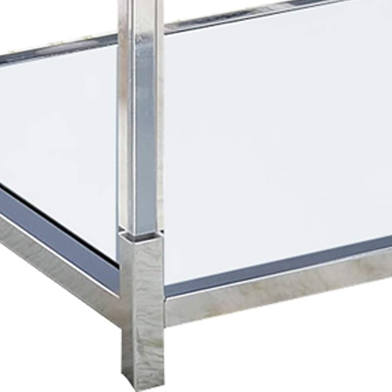 Glass Top Metal Coffee Table with Open Bottom Shelf, Silver and Clear
