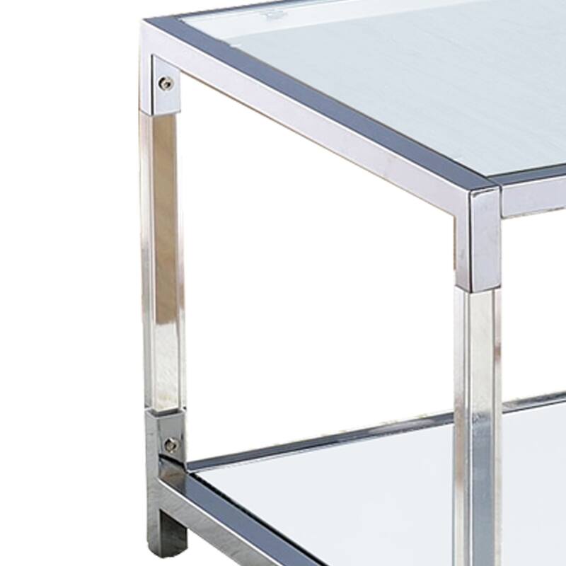 Glass Top Metal Coffee Table with Open Bottom Shelf, Silver and Clear