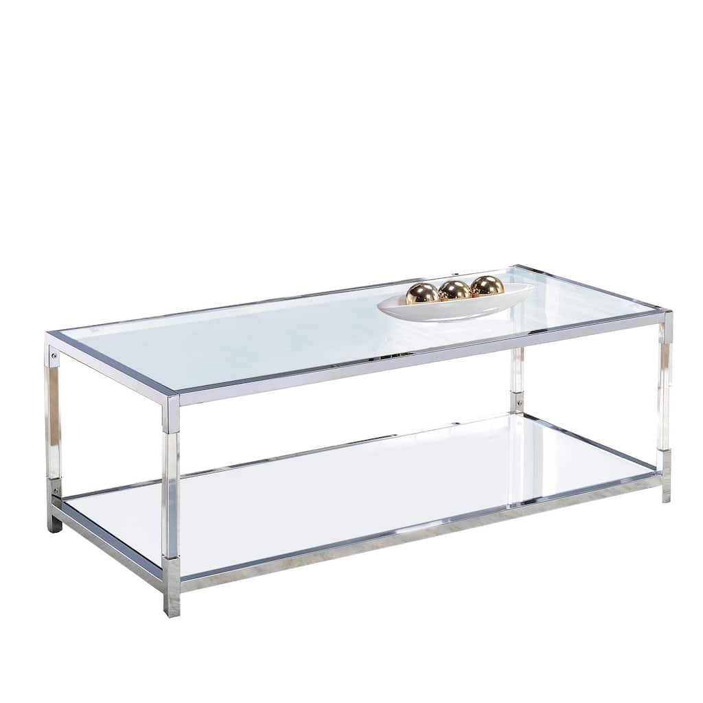 Glass Top Metal Coffee Table with Open Bottom Shelf, Silver and Clear