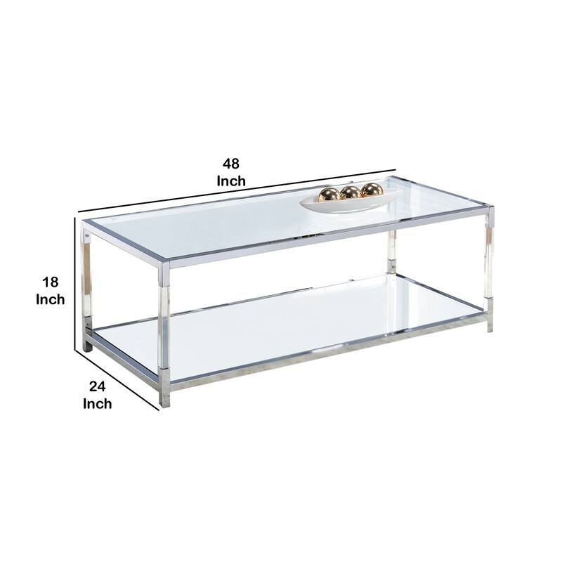 Glass Top Metal Coffee Table with Open Bottom Shelf, Silver and Clear