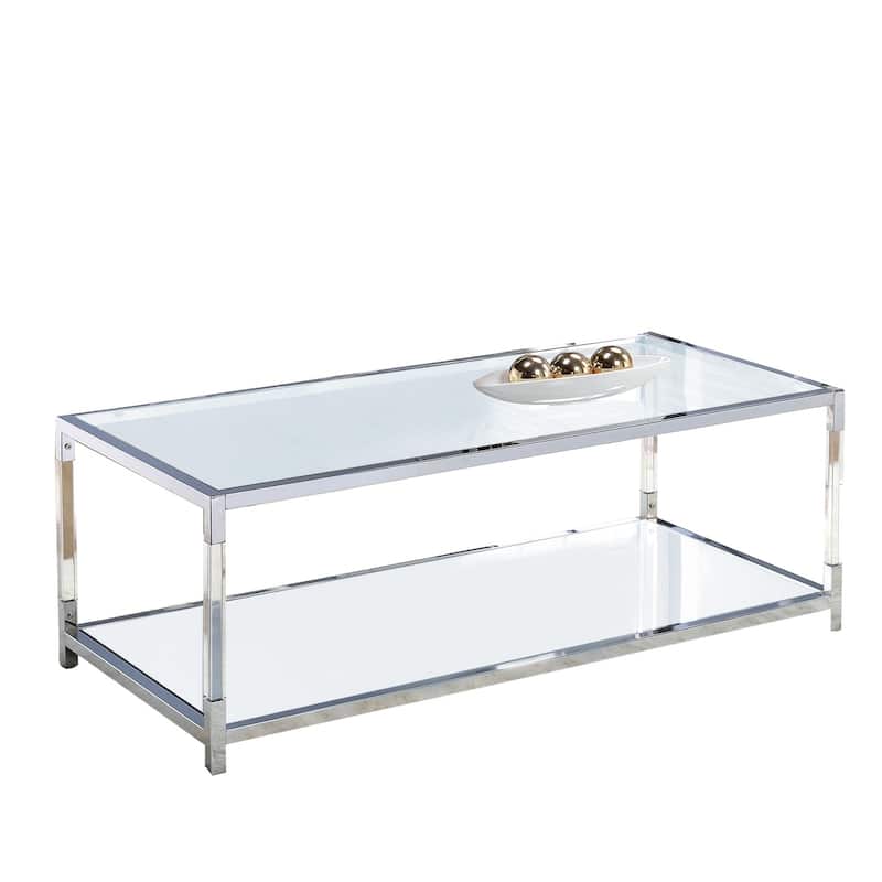 Glass Top Metal Coffee Table with Open Bottom Shelf, Silver and Clear
