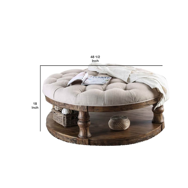 Cushioned Top Wooden Coffee Table with Bottom Shelf, Brown and Beige