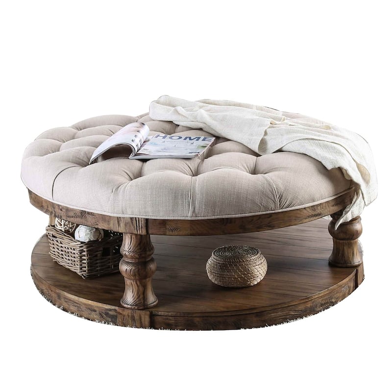 Cushioned Top Wooden Coffee Table with Bottom Shelf, Brown and Beige