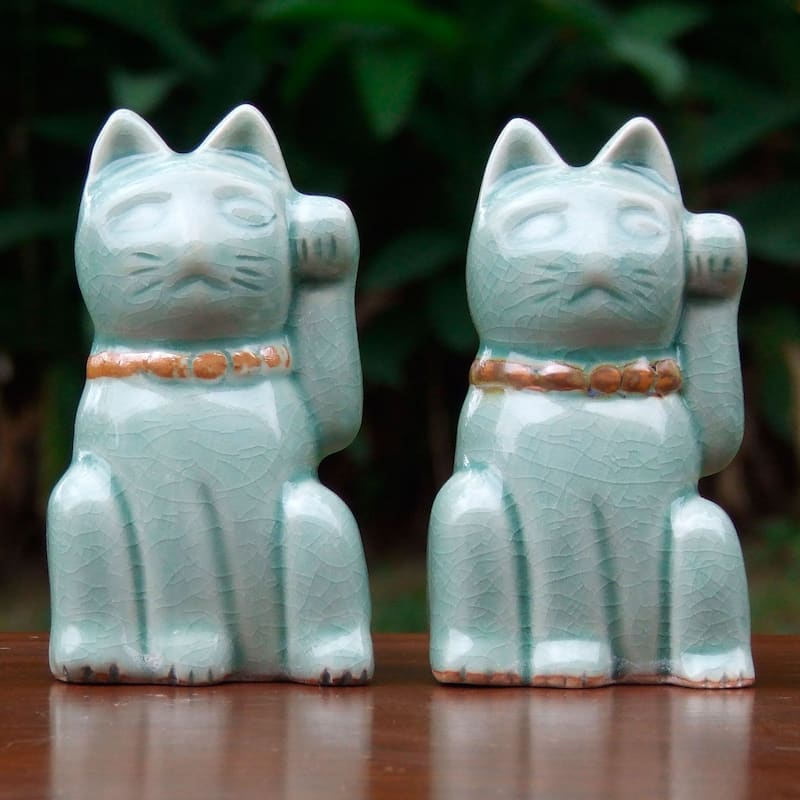 Two Celadon Ceramic Statuettes 'Lucky Cats'