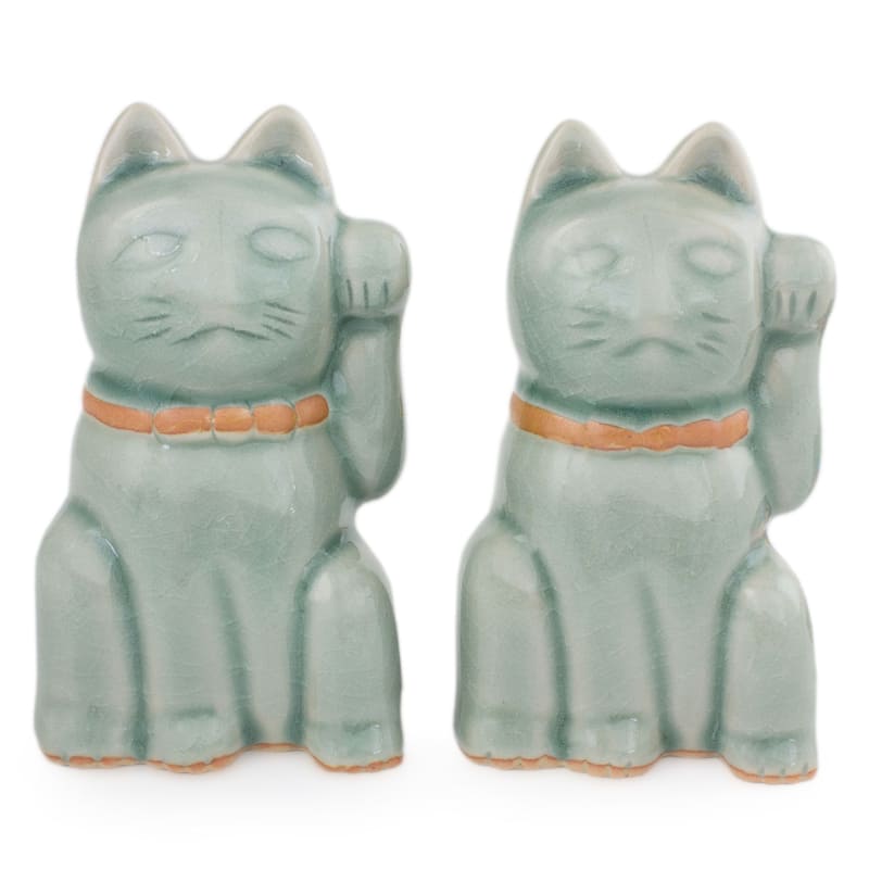 Two Celadon Ceramic Statuettes 'Lucky Cats'