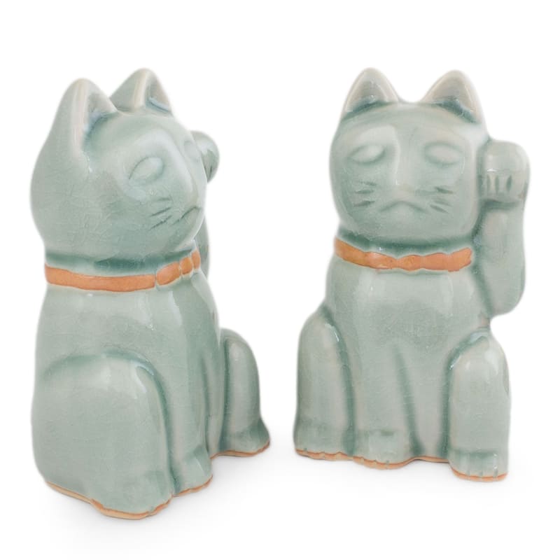Two Celadon Ceramic Statuettes 'Lucky Cats'