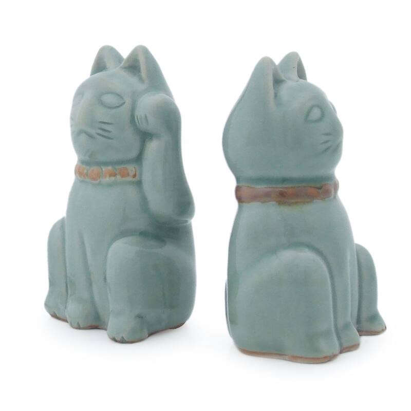 Two Celadon Ceramic Statuettes 'Lucky Cats'