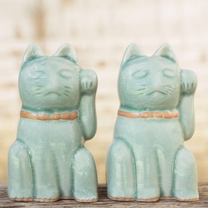 Two Celadon Ceramic Statuettes 'Lucky Cats'