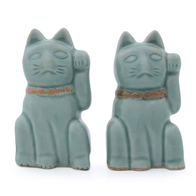 Two Celadon Ceramic Statuettes 'Lucky Cats'