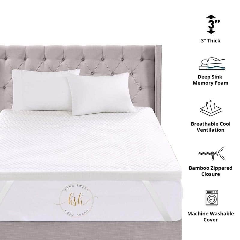 3" Inch Memory Foam Mattress Topper With Removable Bamboo Cover