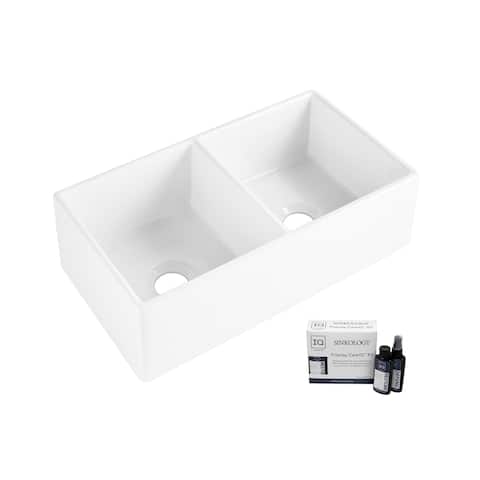 Brooks II Farmhouse Fireclay 33 in. 50/50 Double Bowl Kitchen Sink in Crisp White and Fireclay Care IQ Kit