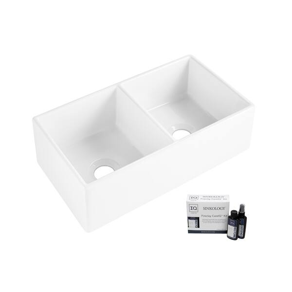 slide 2 of 5, Brooks II Farmhouse Fireclay 33 in. 50/50 Double Bowl Kitchen Sink in Crisp White and Fireclay Care IQ Kit
