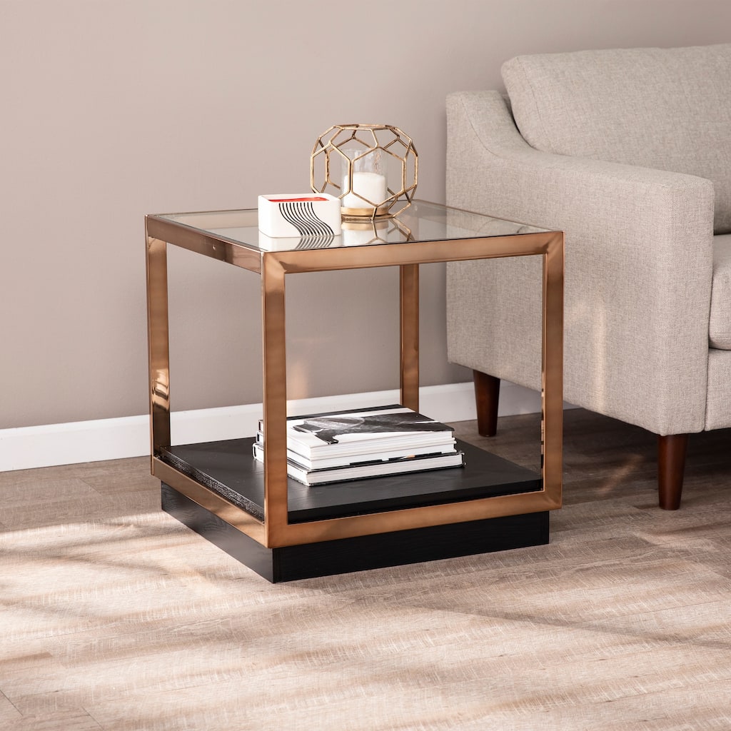 SEI Furniture Luna Transitional Champagne Metal Side Table with Glass Top and Wood Grain Shelf