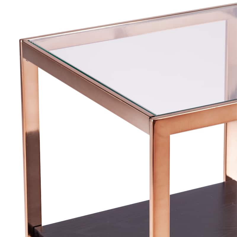 SEI Furniture Luna Transitional Champagne Metal Side Table with Glass Top and Wood Grain Shelf