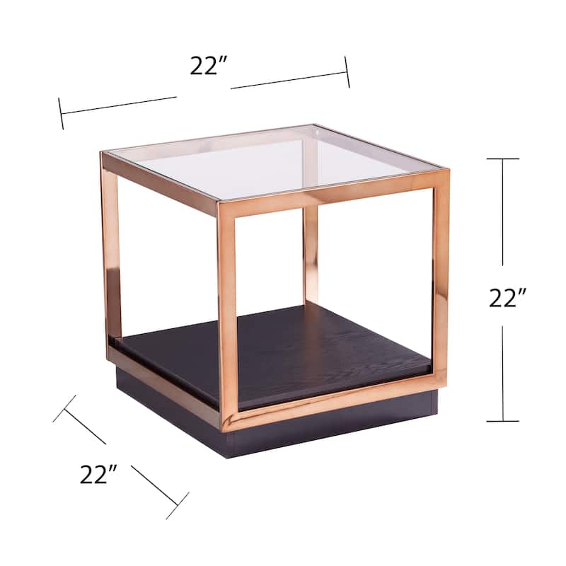 SEI Furniture Luna Transitional Champagne Metal Side Table with Glass Top and Wood Grain Shelf