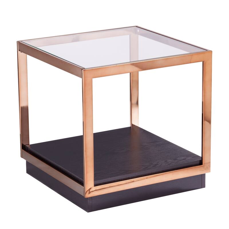 SEI Furniture Luna Transitional Champagne Metal Side Table with Glass Top and Wood Grain Shelf