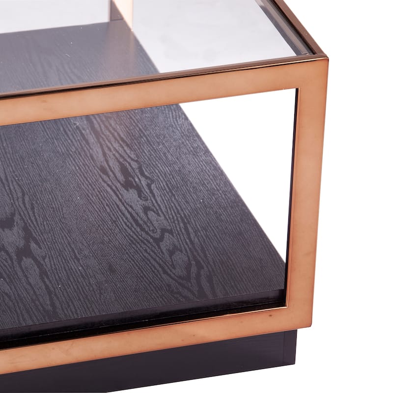 SEI Furniture Luna Transitional Square Metallic Coffee Table with Glass Top and Wood Base Shelf