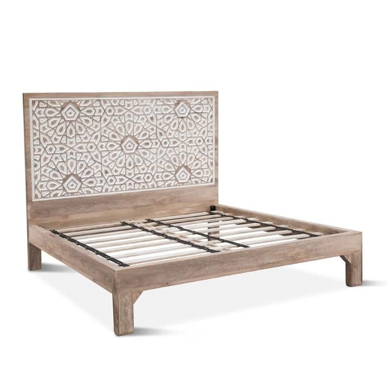 Haveli Mango Wood Geometric Carved King Bed