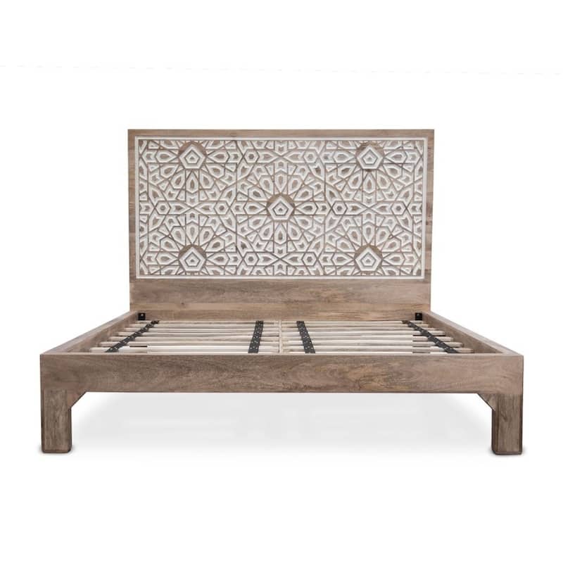Haveli Mango Wood Geometric Carved King Bed