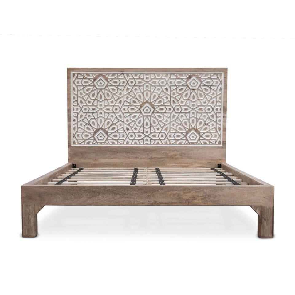 Haveli Mango Wood Geometric Carved King Bed