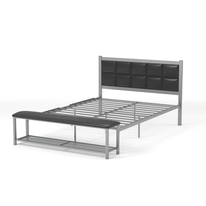 Sexton Modern Steel Faux Leather Button Tufted Kid Platform Bed with Bench by Porch & Den