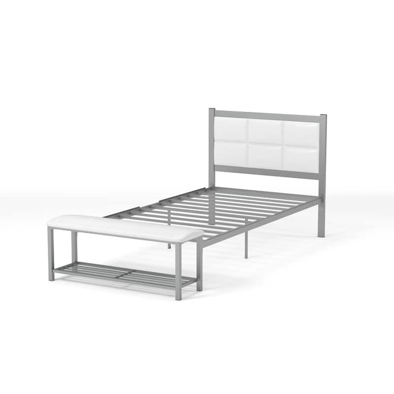Sexton Modern Steel Faux Leather Button Tufted Kid Platform Bed with Bench by Porch & Den