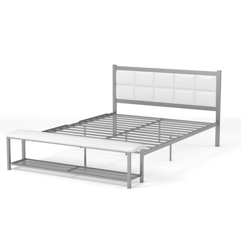 Sexton Modern Steel Faux Leather Button Tufted Kid Platform Bed with Bench by Porch & Den - White - Queen