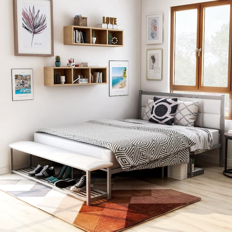 Sexton Modern Steel Faux Leather Button Tufted Kid Platform Bed with Bench by Porch & Den