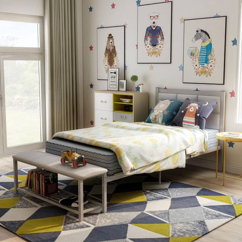 Sexton Modern Steel Faux Leather Button Tufted Kid Platform Bed with Bench by Porch & Den