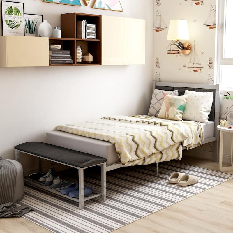Sexton Modern Steel Faux Leather Button Tufted Kid Platform Bed with Bench by Porch & Den