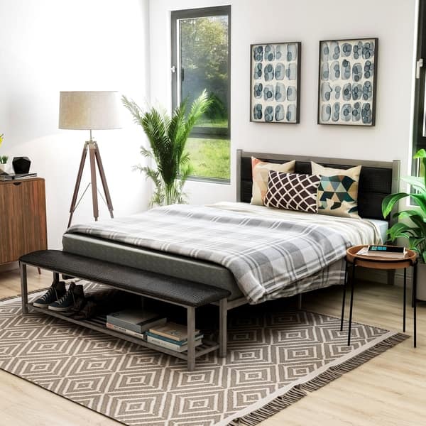 slide 2 of 12, Sexton Modern Steel Faux Leather Button Tufted Kid Platform Bed with Bench by Porch & Den