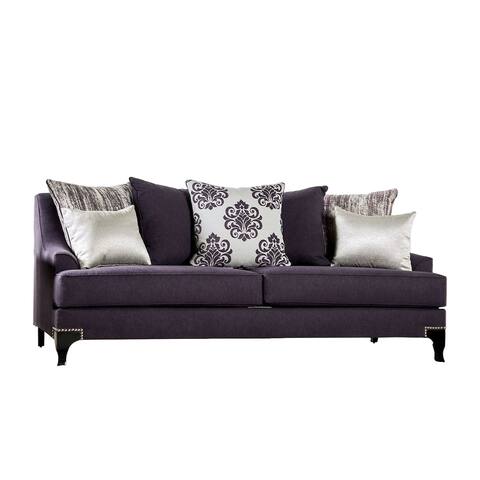 Wood and Chenille Fabric Upholstered Sofa with Throw Pillows, Purple
