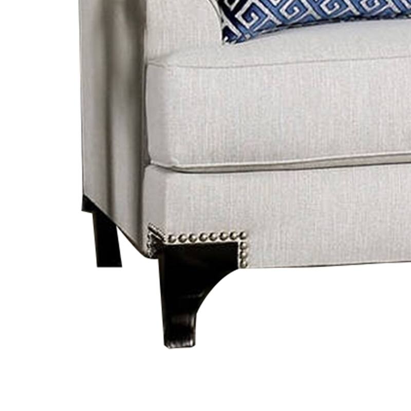 Fabric Upholstered Wooden Sofa with Throw Pillows, Light Gray