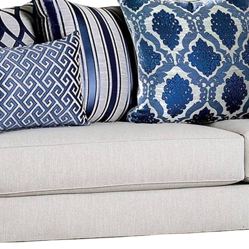 Fabric Upholstered Wooden Sofa with Throw Pillows, Light Gray
