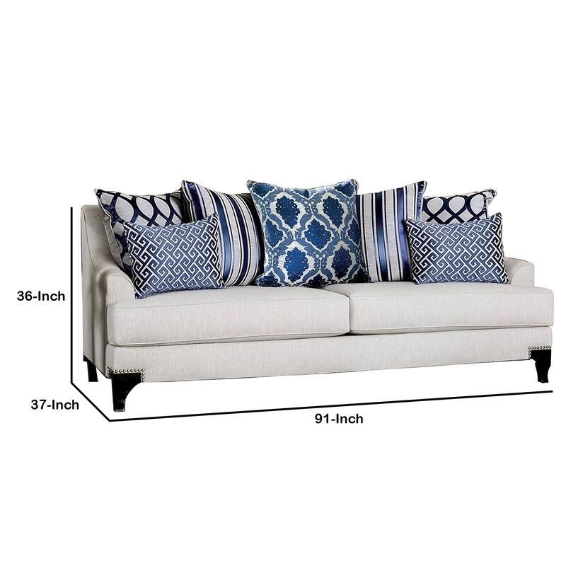 Fabric Upholstered Wooden Sofa with Throw Pillows, Light Gray