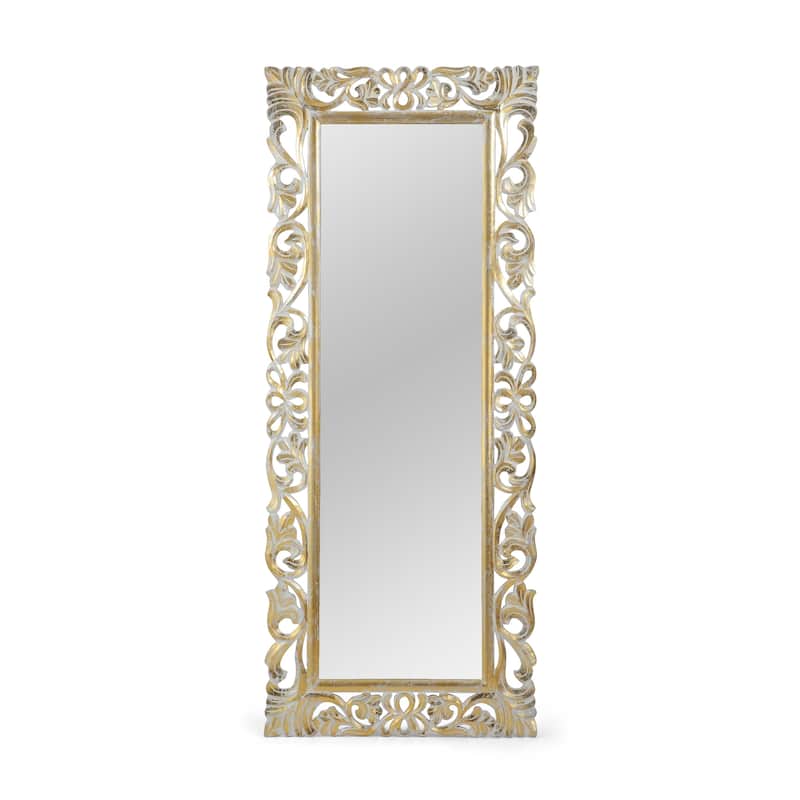 Emerton Traditional Standing Mirror with Floral Carved Frame by Christopher Knight Home - 27.50" W x 0.75" L x 68.00" H - Distressed White + Gold