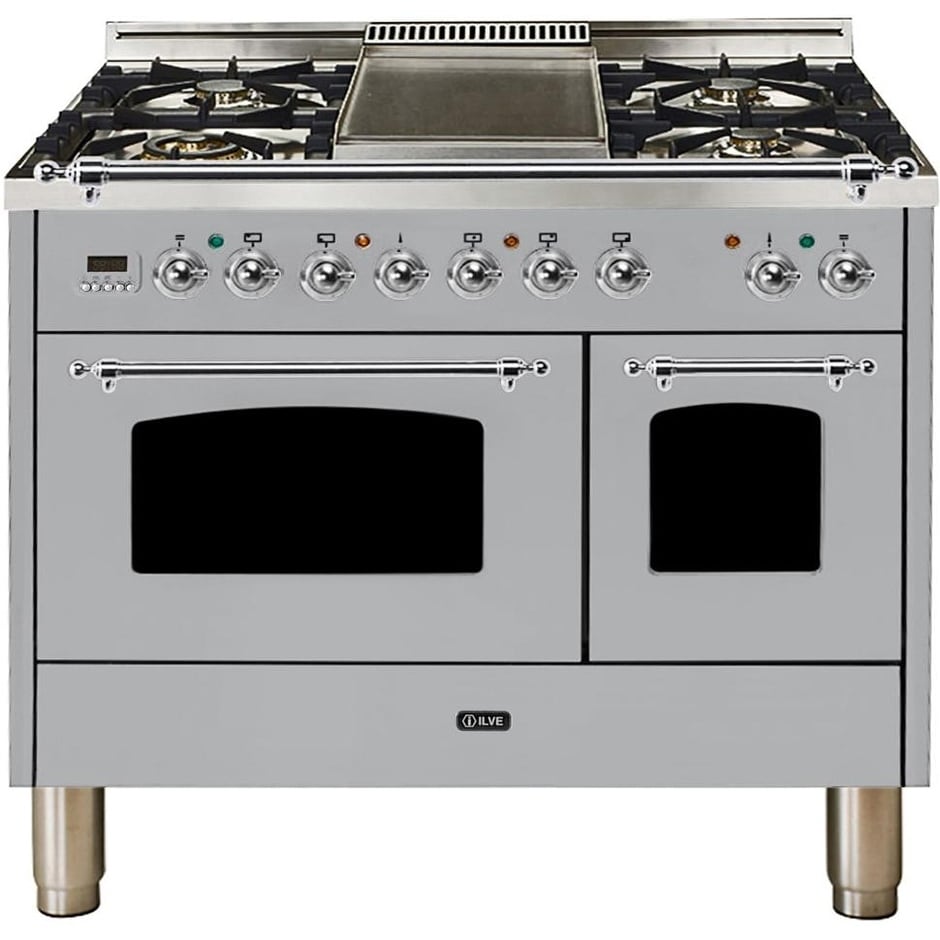 Ilve  UPDN100FDMPIXNG 40" Nostalgie Series Dual Fuel Natural Gas Range, 3.55 cu. ft. Capacity, Chrome Trim, in Stainless Steel