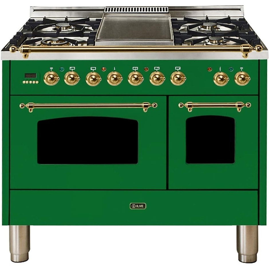 Ilve  UPDN100FDMPVSNG 40" Nostalgie Series Dual Fuel Natural Gas Range, 3.55 cu. ft. Total Capacity, Brass Trim, in Emerald Green