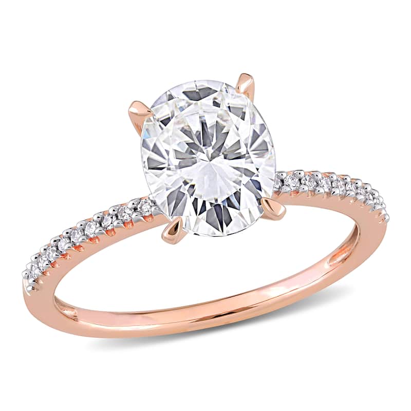 Miadora 2ct DEW Oval-cut Moissanite Solitaire and 1/10ct TDW Diamond Engagement Ring in 14k Rose Gold
