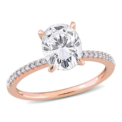 Miadora 2ct DEW Oval-cut Moissanite Solitaire and 1/10ct TDW Diamond Engagement Ring in 14k Rose Gold