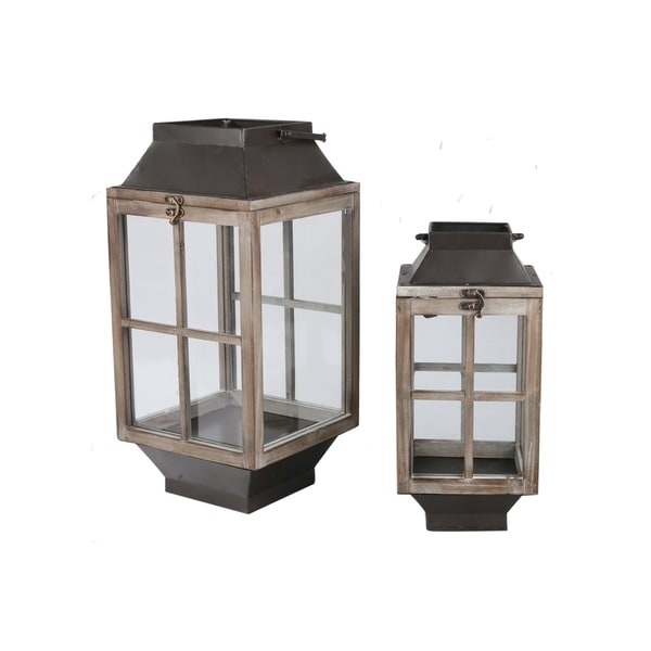 UTC23808: Wood Square Lantern with Tapered Bottom Set of Two Weathered Finish Tan