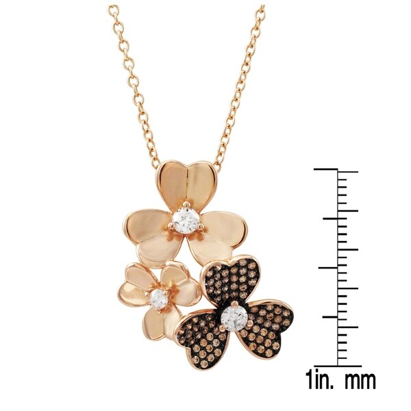 Luxiro Sterling Silver Two-tone Finish Champagne CZ's Floral Pendant Necklace